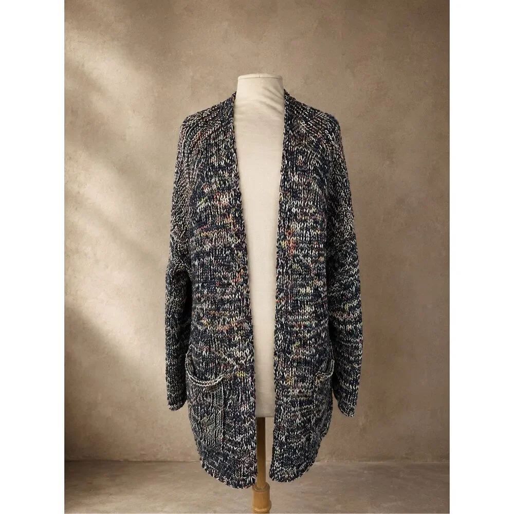 Caslon Sz M Spacedye Open Front Cardigan Navy Multicolor Marled Knit Sweater